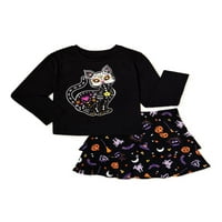 Kızlar Cadılar Bayramı Uzun Kollu Siyah Kedi Tee ve Katmanlı Etek, 2 Parçalı Kıyafet Seti, 4-18 Beden