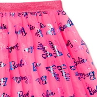 Barbie Kız Logosu Soğuk Omuz Üst ve Folyo Baskılı Etek, 2 Parçalı Kıyafet Seti, 4 Beden ve Artı
