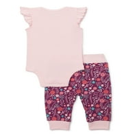 Miniville Bebek Kız Çarpıntı Kollu Bodysuit, Çiçek Pantolon ve Kafa Bandı Kıyafeti, 3'lü Set